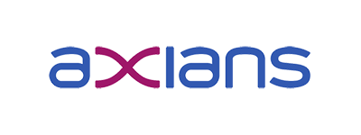 Logo van Axians in blauwe letters met een paarse X