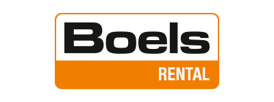 Logo Boels Rental met zwarte letters en wit/oranje achtergrond