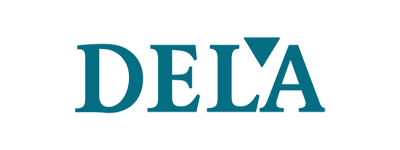 Dela logo in blauwe letters met een witte achtergrond