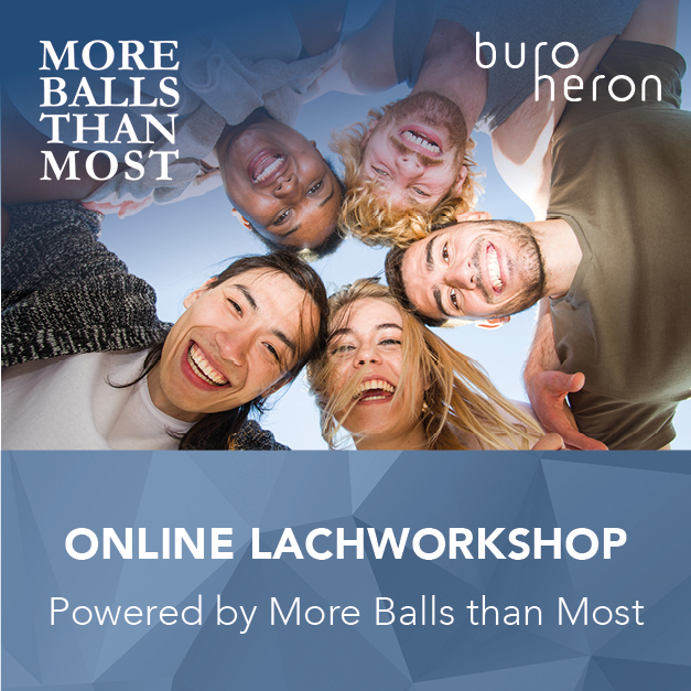 Online lachworkshop header met groep mensen buigend over de camera